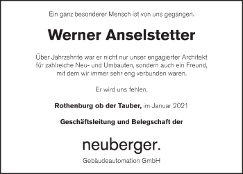 Traueranzeige von Werner Anselstetter von Rothenburg