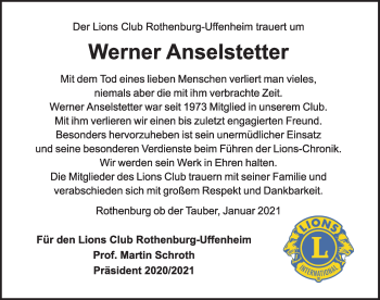 Traueranzeige von Werner Anselstetter von Rothenburg