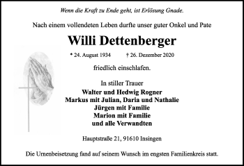 Traueranzeige von Willi Dettenberger von Rothenburg