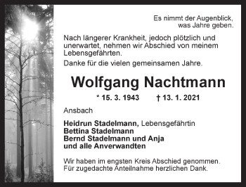 Traueranzeige von Wolfgang Nachtmann von Ansbach