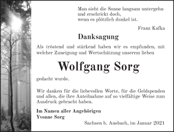 Traueranzeige von Wolfgang Sorg von Rothenburg