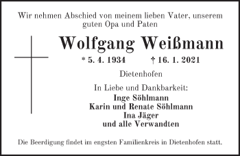 Traueranzeige von Wolfgang Weißmann von Ansbach