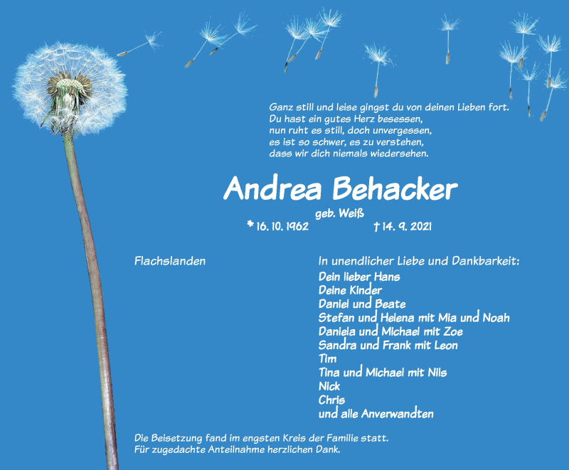  Traueranzeige für Andrea Behacker vom 02.10.2021 aus Ansbach