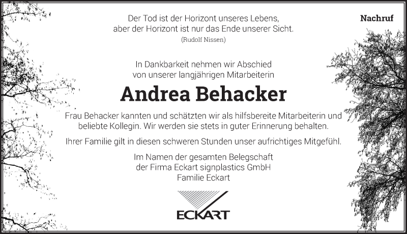  Traueranzeige für Andrea Behacker vom 08.10.2021 aus Ansbach