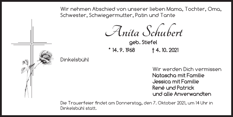 Traueranzeige für Anita Schubert vom 06.10.2021 aus Dinkelsbühl/ Feuchtwangen