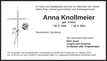 Traueranzeige von Anna Knollmeier von Ansbach