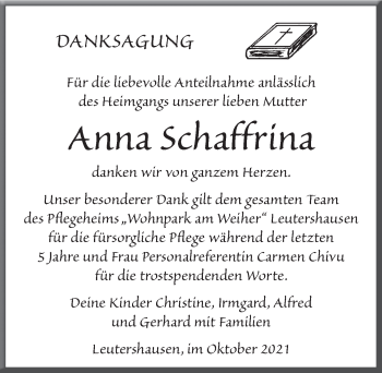 Traueranzeige von Anna Schaffrina von Ansbach