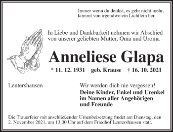 Traueranzeige von Anneliese Glapa von Ansbach