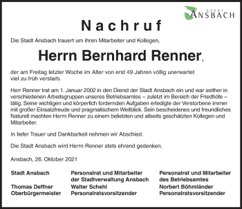 Traueranzeige von Bernhard Renner von Ansbach