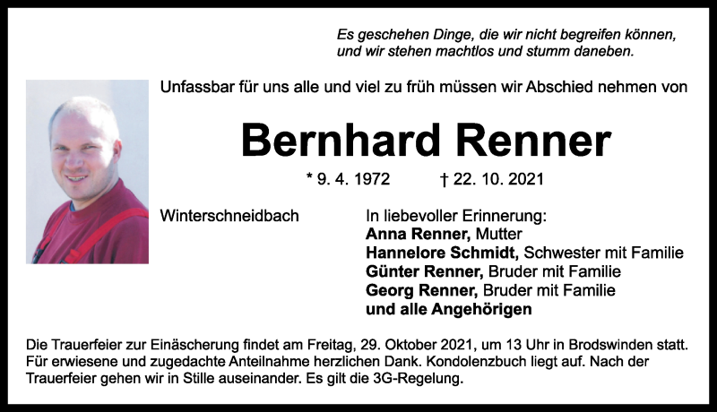  Traueranzeige für Bernhard Renner vom 27.10.2021 aus Ansbach