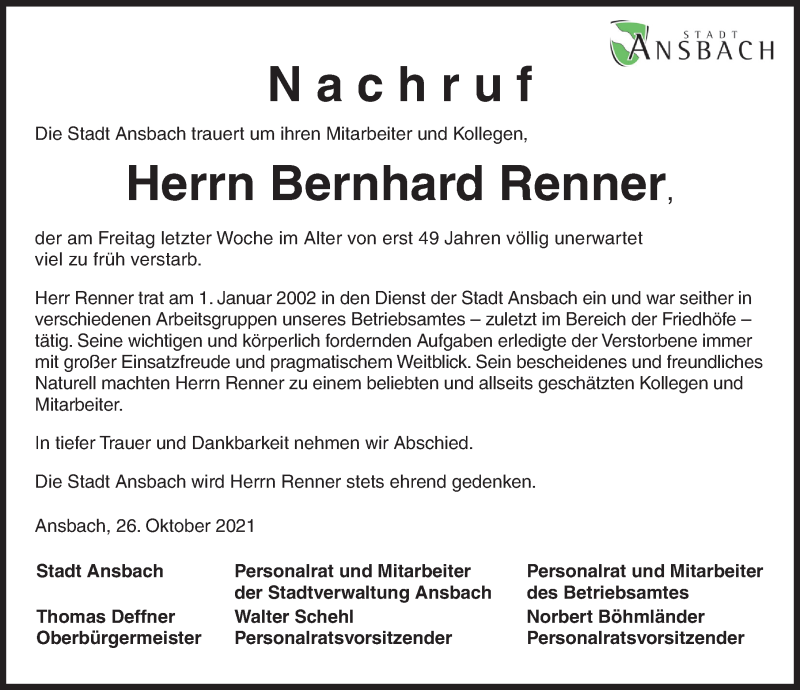  Traueranzeige für Bernhard Renner vom 28.10.2021 aus Ansbach