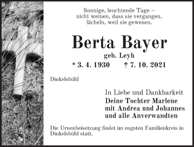  Traueranzeige für Berta Bayer vom 13.10.2021 aus Dinkelsbühl/ Feuchtwangen