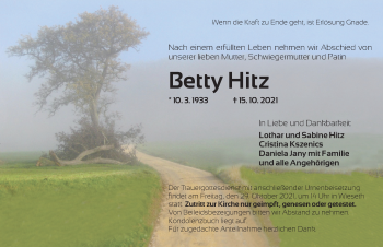 Traueranzeige von Betty Hitz von Dinkelsbühl/ Feuchtwangen