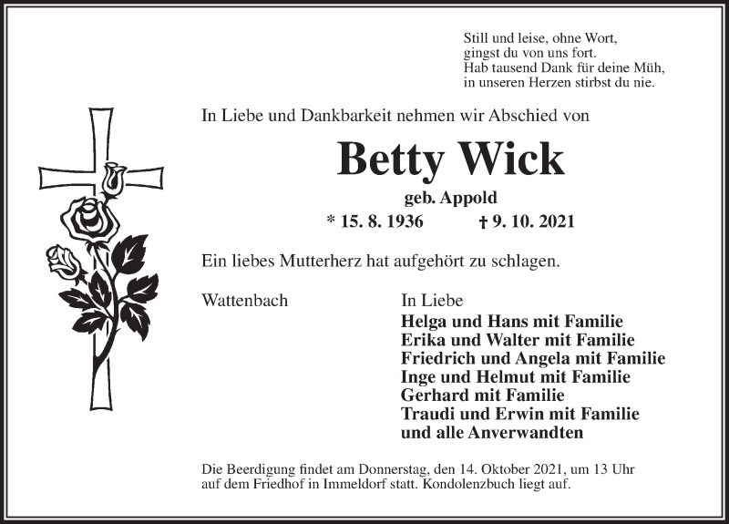  Traueranzeige für Betty Wick vom 12.10.2021 aus Ansbach