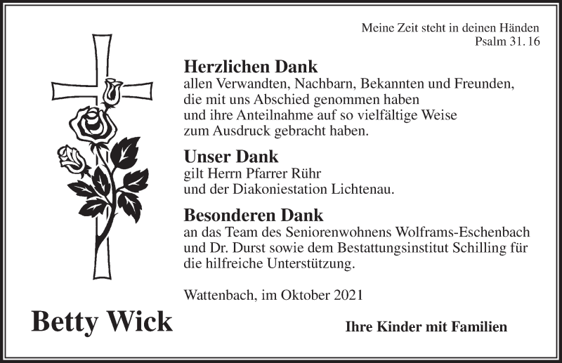 Traueranzeige für Betty Wick vom 23.10.2021 aus Ansbach