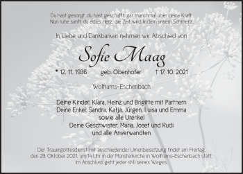 Traueranzeige von Sofie Maag von Ansbach