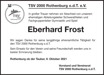 Traueranzeige von Eberhard Frost von Rothenburg