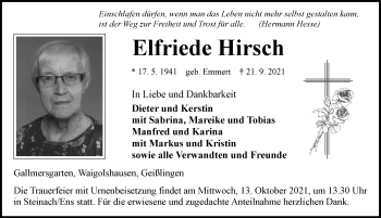 Traueranzeige von Elfriede Hirsch von Neustadt/ Scheinfeld/ Uffenheim