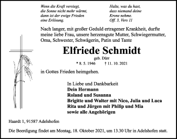 Traueranzeige von Elfriede Schmidt von Rothenburg