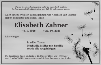 Traueranzeige von Elisabeth Zahner von Dinkelsbühl/ Feuchtwangen