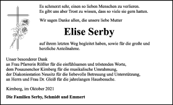 Traueranzeige von Elise Serby von Rothenburg