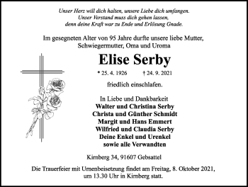 Traueranzeige von Elise Serby von Rothenburg