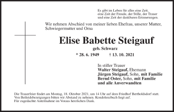 Traueranzeige von Elise  Steigauf von Ansbach