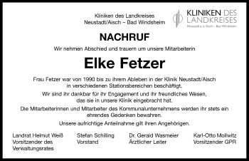 Traueranzeige von Elke Fetzer von Neustadt/ Scheinfeld/ Uffenheim