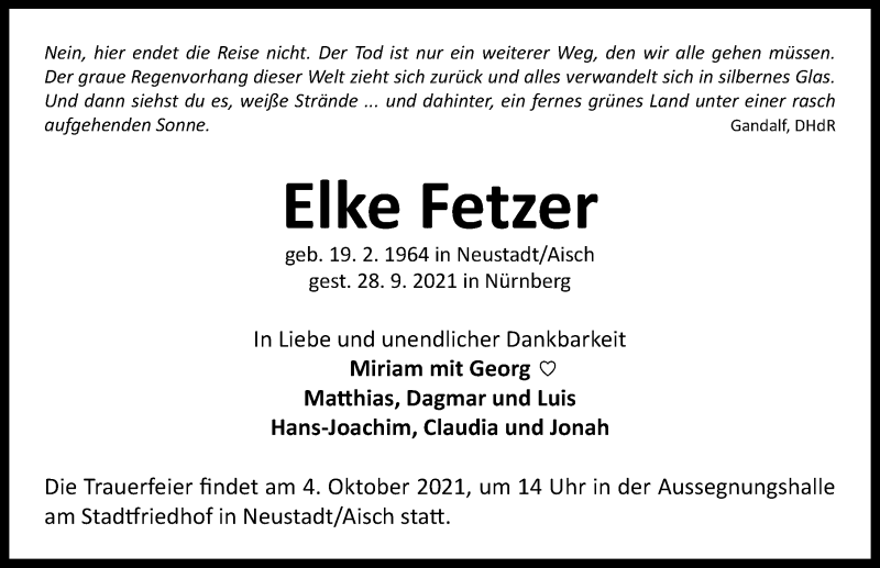  Traueranzeige für Elke Fetzer vom 02.10.2021 aus Neustadt/ Scheinfeld/ Uffenheim