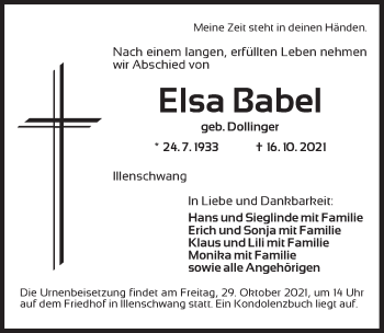 Traueranzeige von Elsa Babel von Dinkelsbühl/ Feuchtwangen