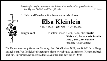 Traueranzeige von Elsa Kleinlein von Neustadt/ Scheinfeld/ Uffenheim