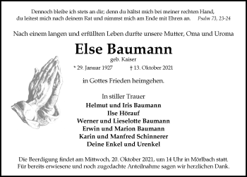 Traueranzeige von Else Baumann von Neustadt/ Scheinfeld/ Uffenheim