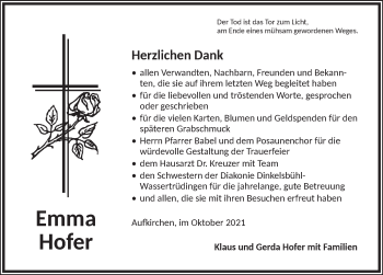 Traueranzeige von Emma Hofer von Dinkelsbühl/ Feuchtwangen