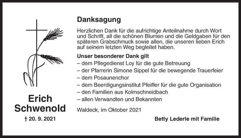  Traueranzeige für Erich Schwenold vom 02.10.2021 aus Ansbach