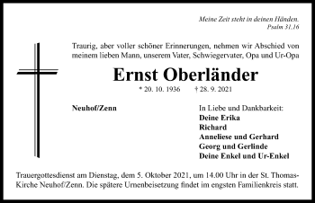 Traueranzeige von Ernst Oberländer von Neustadt/ Scheinfeld/ Uffenheim