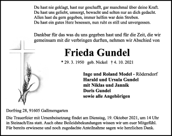 Traueranzeige von Frieda Gundel von Rothenburg