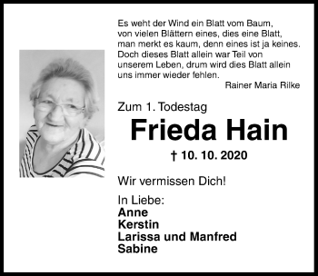 Traueranzeige von Frieda Hain von Neustadt/ Scheinfeld/ Uffenheim