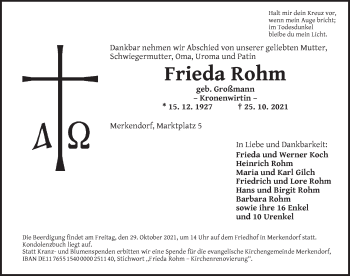 Traueranzeige von Frieda Rohm von Ansbach