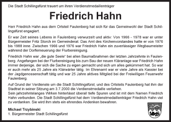 Traueranzeige von Friedrich Hahn von Rothenburg