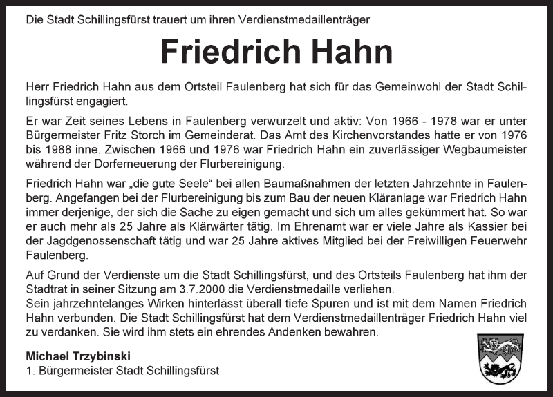  Traueranzeige für Friedrich Hahn vom 13.10.2021 aus Rothenburg