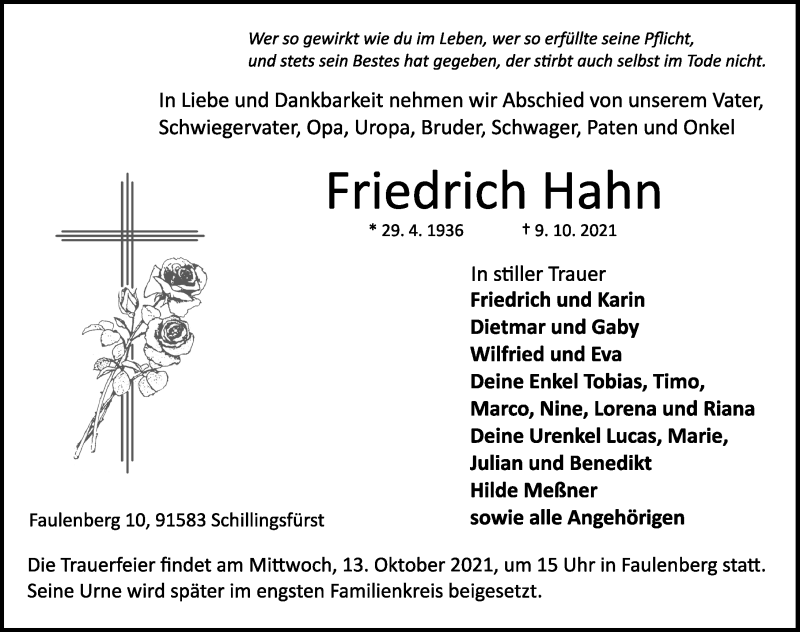  Traueranzeige für Friedrich Hahn vom 12.10.2021 aus Rothenburg