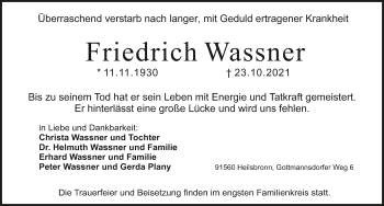 Traueranzeige von Friedrich Wassner von Ansbach