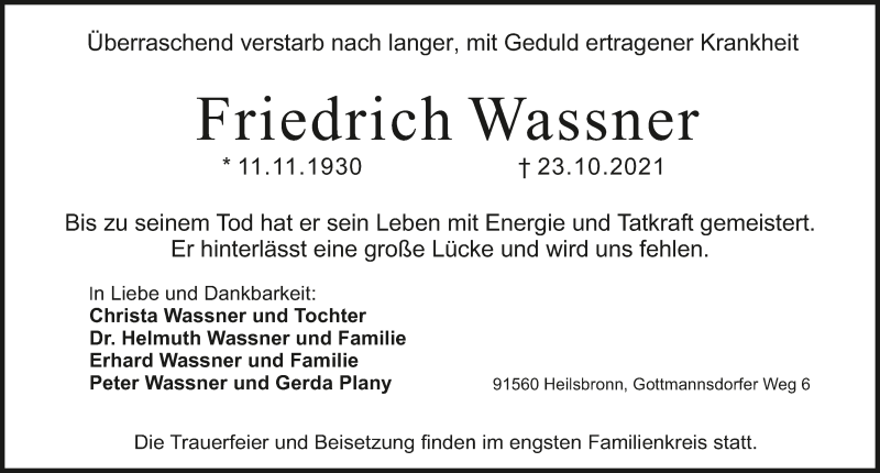  Traueranzeige für Friedrich Wassner vom 30.10.2021 aus Ansbach