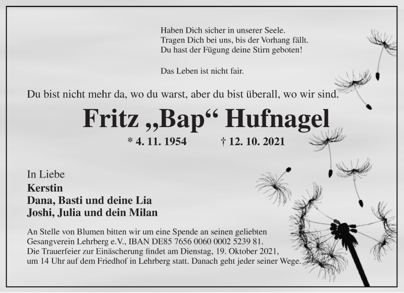  Traueranzeige für Fritz  Hufnagel vom 16.10.2021 aus Ansbach