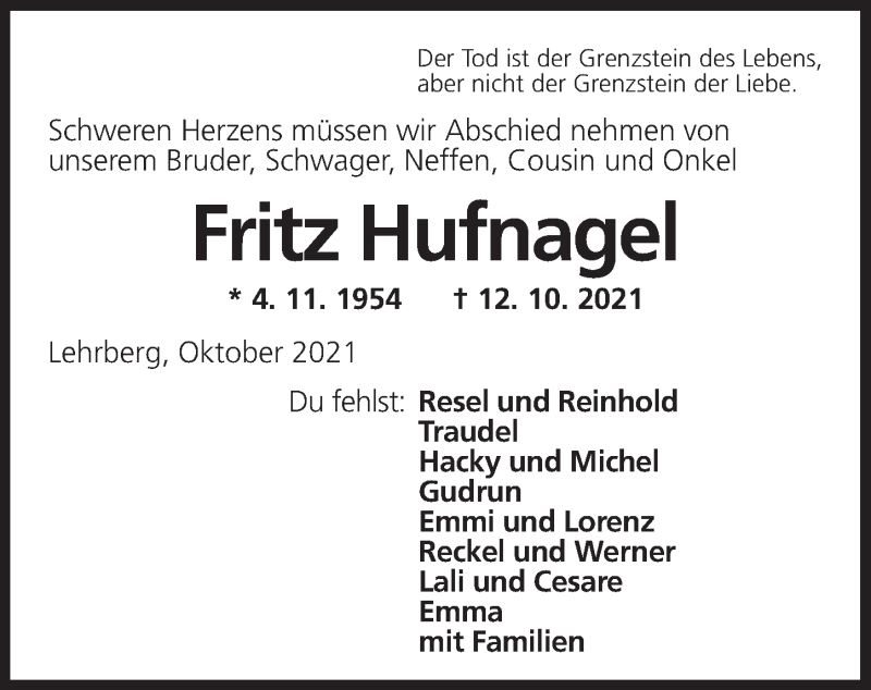  Traueranzeige für Fritz  Hufnagel vom 16.10.2021 aus Ansbach
