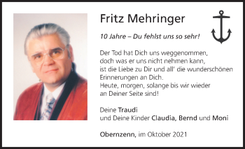 Traueranzeige von Fritz Mehringer von Ansbach