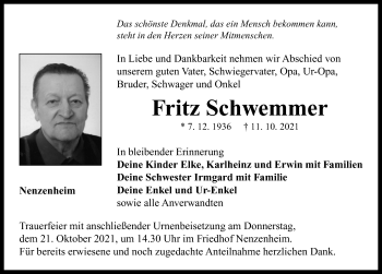 Traueranzeige von Fritz Schwemmer von Neustadt/ Scheinfeld/ Uffenheim