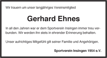 Traueranzeige von Gerhard Ehnes von Rothenburg