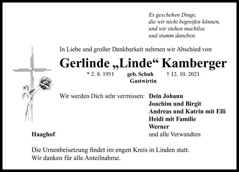  Traueranzeige für Gerlinde Kamberger vom 16.10.2021 aus Neustadt/ Scheinfeld/ Uffenheim