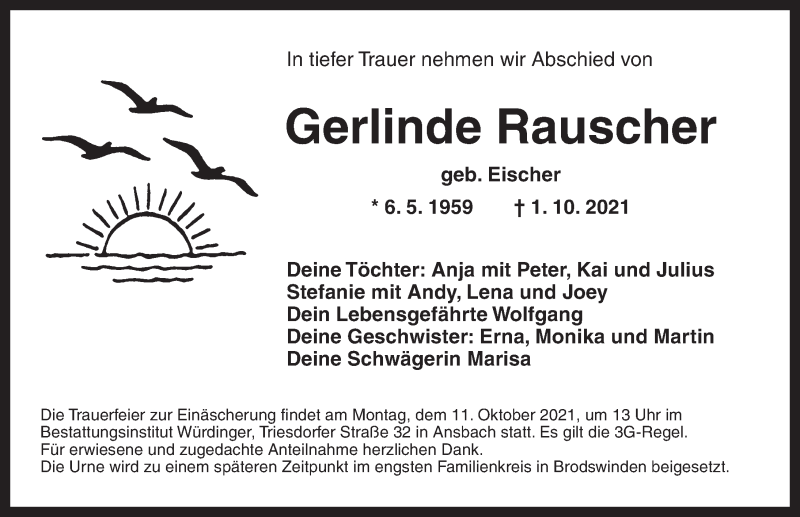  Traueranzeige für Gerlinde Rauscher vom 06.10.2021 aus Ansbach